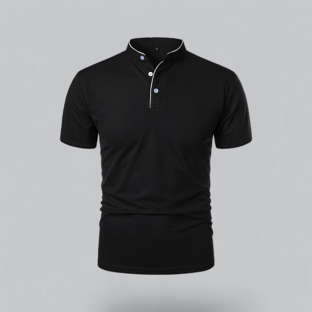 Men's fashion collarless polo shirt, modern mandarin style, relaxed fit, black for stylish looks.