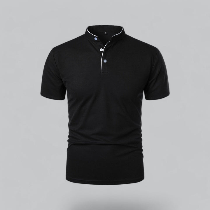 Men's fashion collarless polo shirt, modern mandarin style, relaxed fit, black for stylish looks.