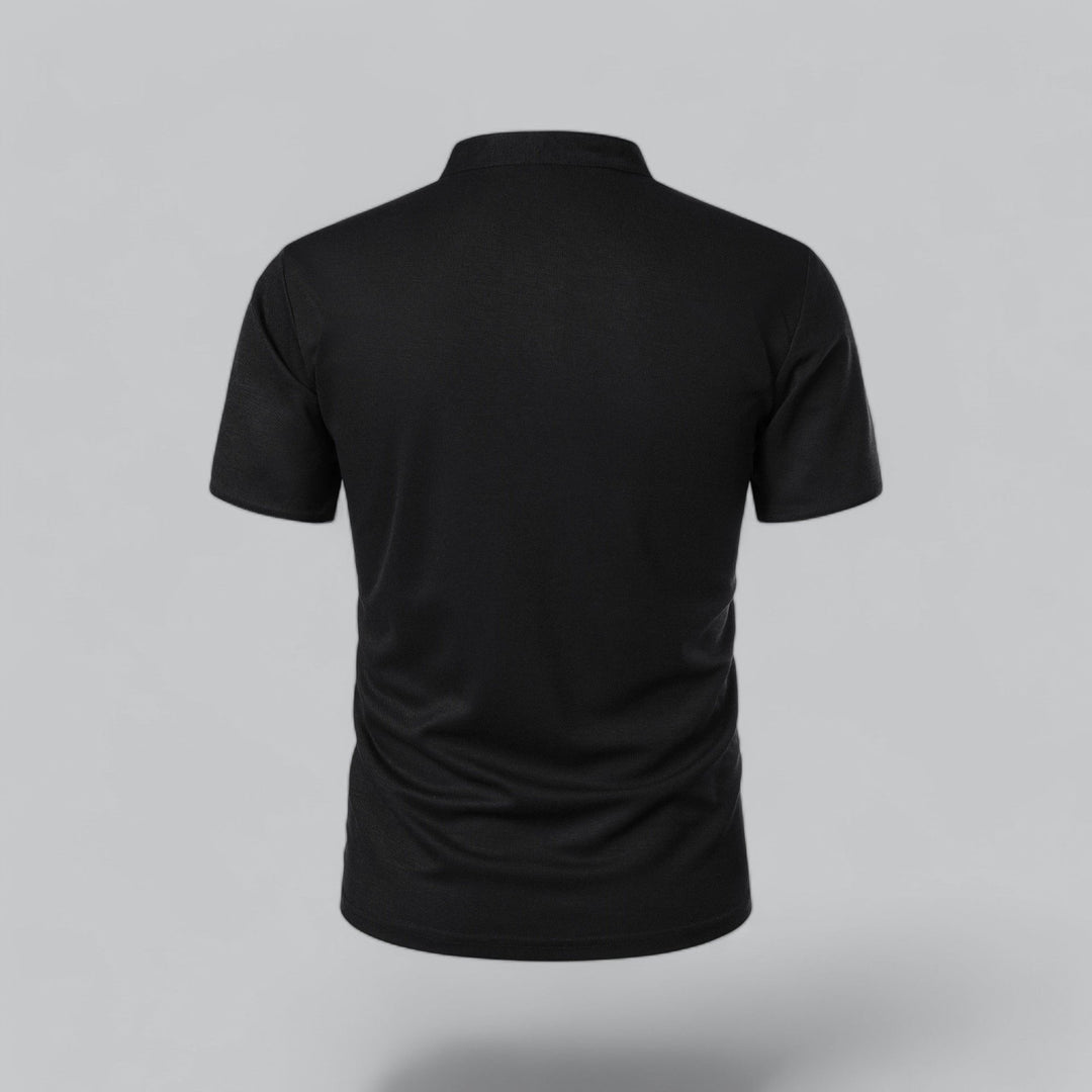Khaki men's modern mandarin polo top, collarless design, short sleeve, for a relaxed casual look.