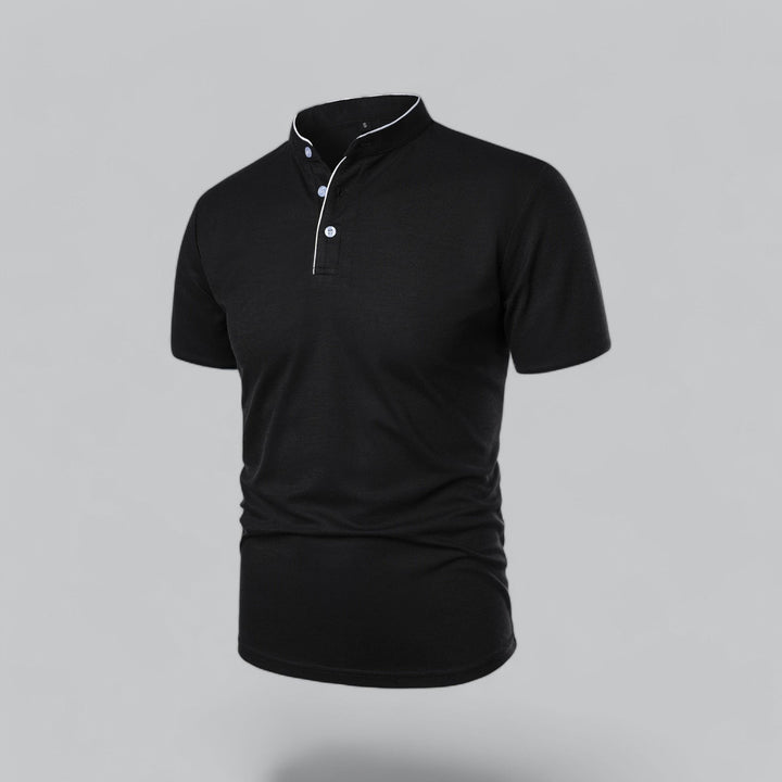 Black men's collarless short sleeve polo, mandarin style, casual summer fashion, soft fabric.
