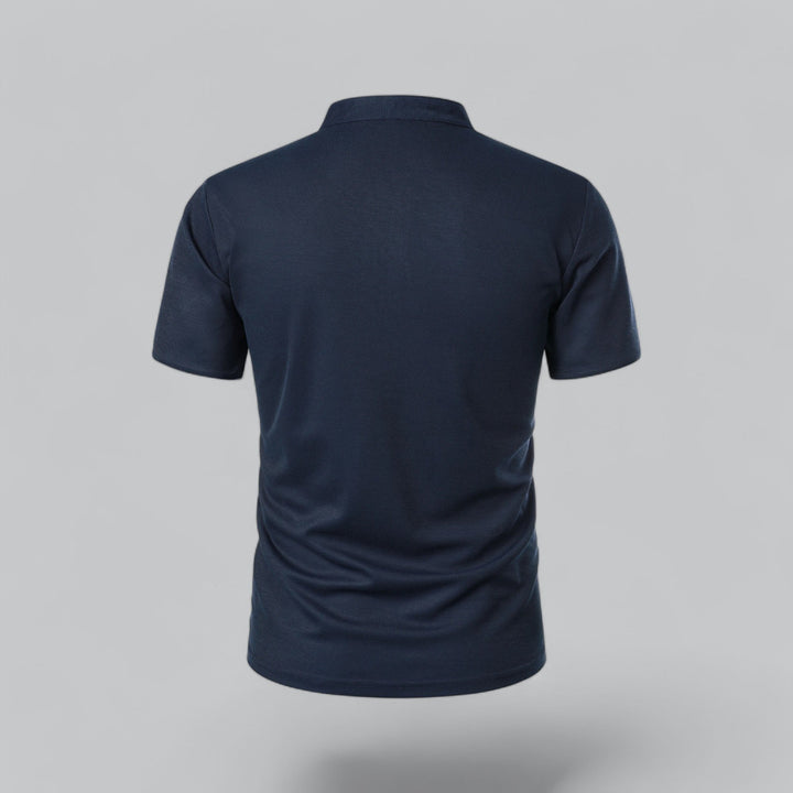 Front view of men's collarless polo shirt, modern mandarin style, short sleeve, relaxed fit in khaki.