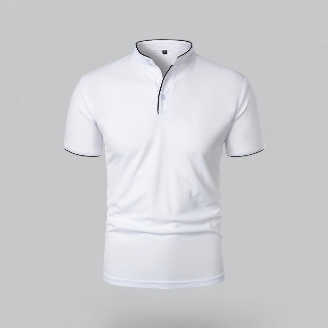 Man wearing khaki collarless polo top, modern mandarin style, relaxed fit, casual summer outfit.