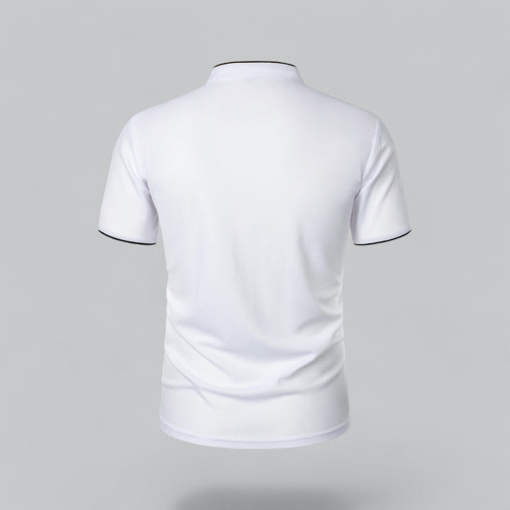 Side view of men's navy blue collarless polo, short sleeve, modern mandarin style, relaxed fit.