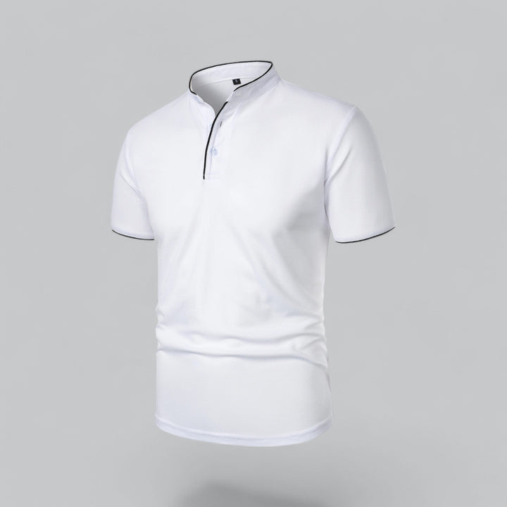 Back view of men's black collarless polo shirt, modern mandarin style, relaxed fit for comfort.