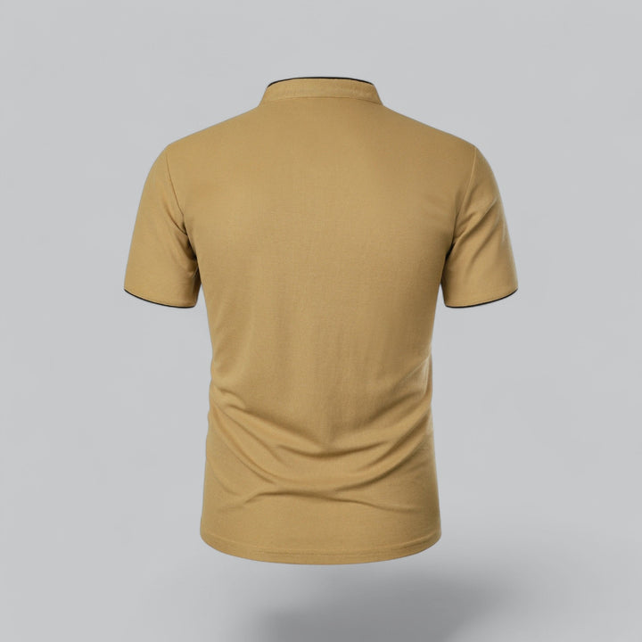 Stylish black men's collarless polo shirt with a mandarin collar, ideal for a modern look.