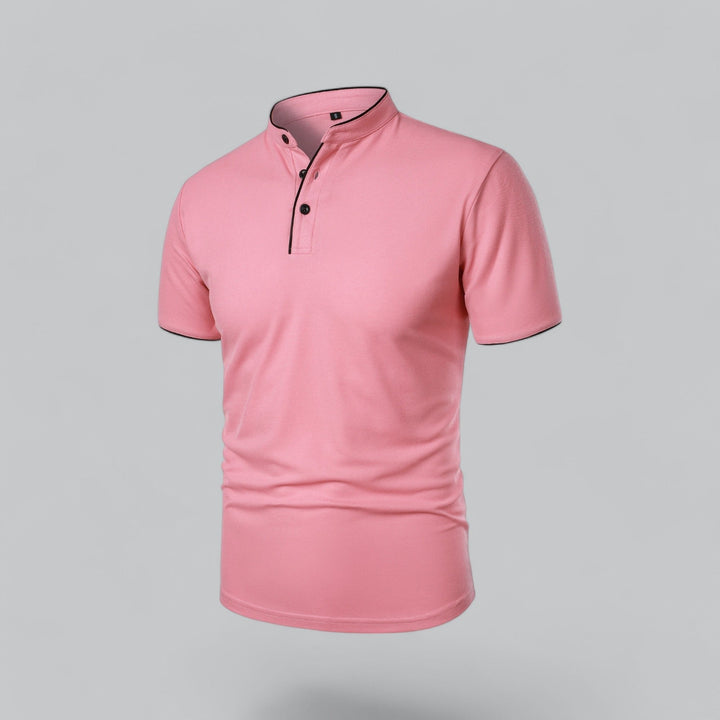 Black men's modern mandarin polo shirt, collarless, short sleeve, perfect for relaxed everyday fashion.