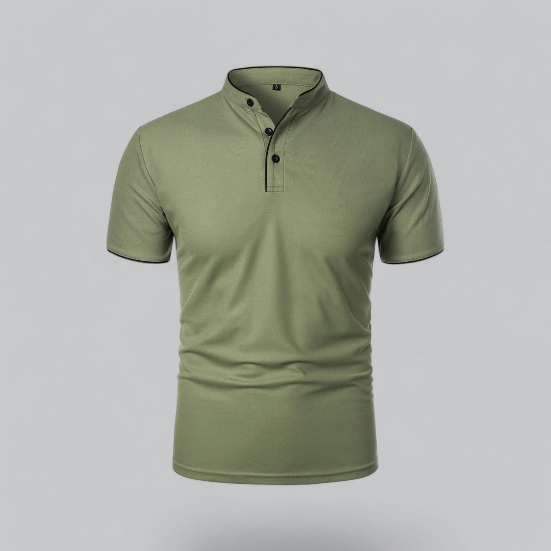 Navy blue men's collarless polo top, mandarin style, button-up, relaxed fit for comfortable everyday wear.