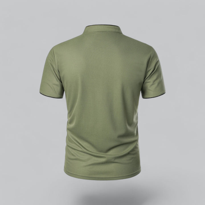 Versatile men's collarless polo, modern mandarin style, short sleeve, ideal for casual and smart-casual.