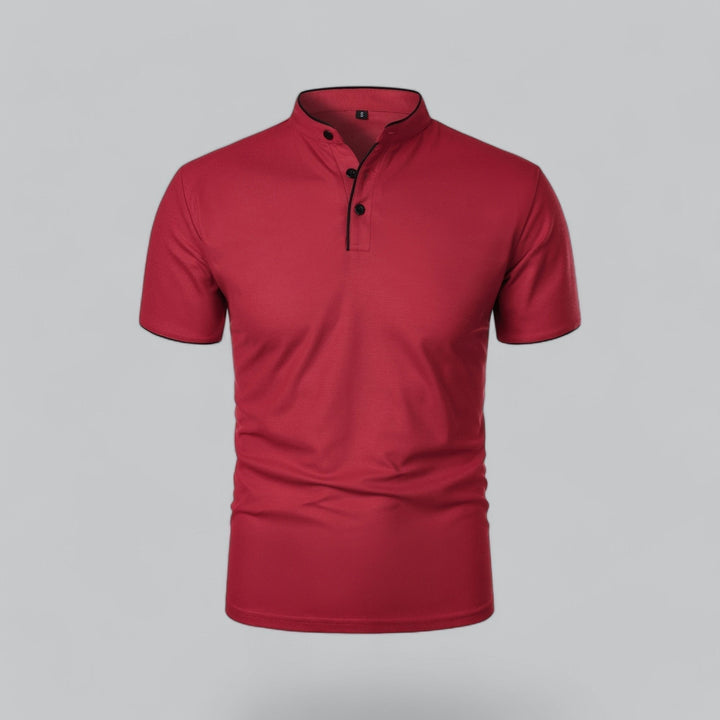 Modern men's casual polo top, collarless with mandarin style, short sleeve, available in navy blue.