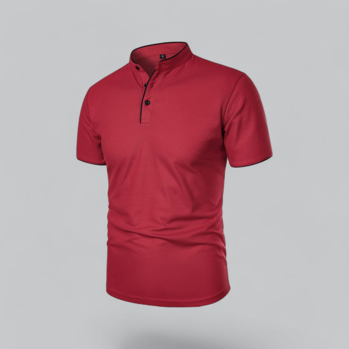 Men's collarless polo shirt, modern mandarin style, short sleeve, comfortable for summer, available in all colors.