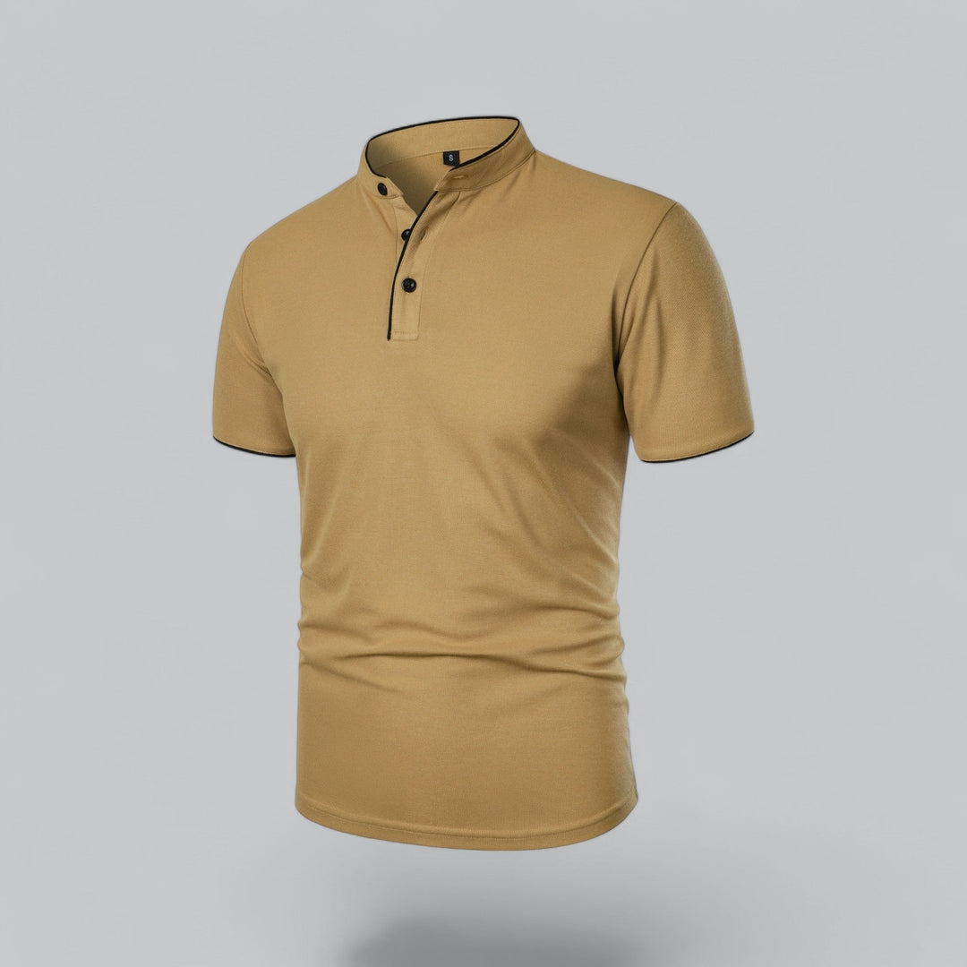 Relaxed fit men's casual polo top, collarless mandarin style, perfect for summer fashion.