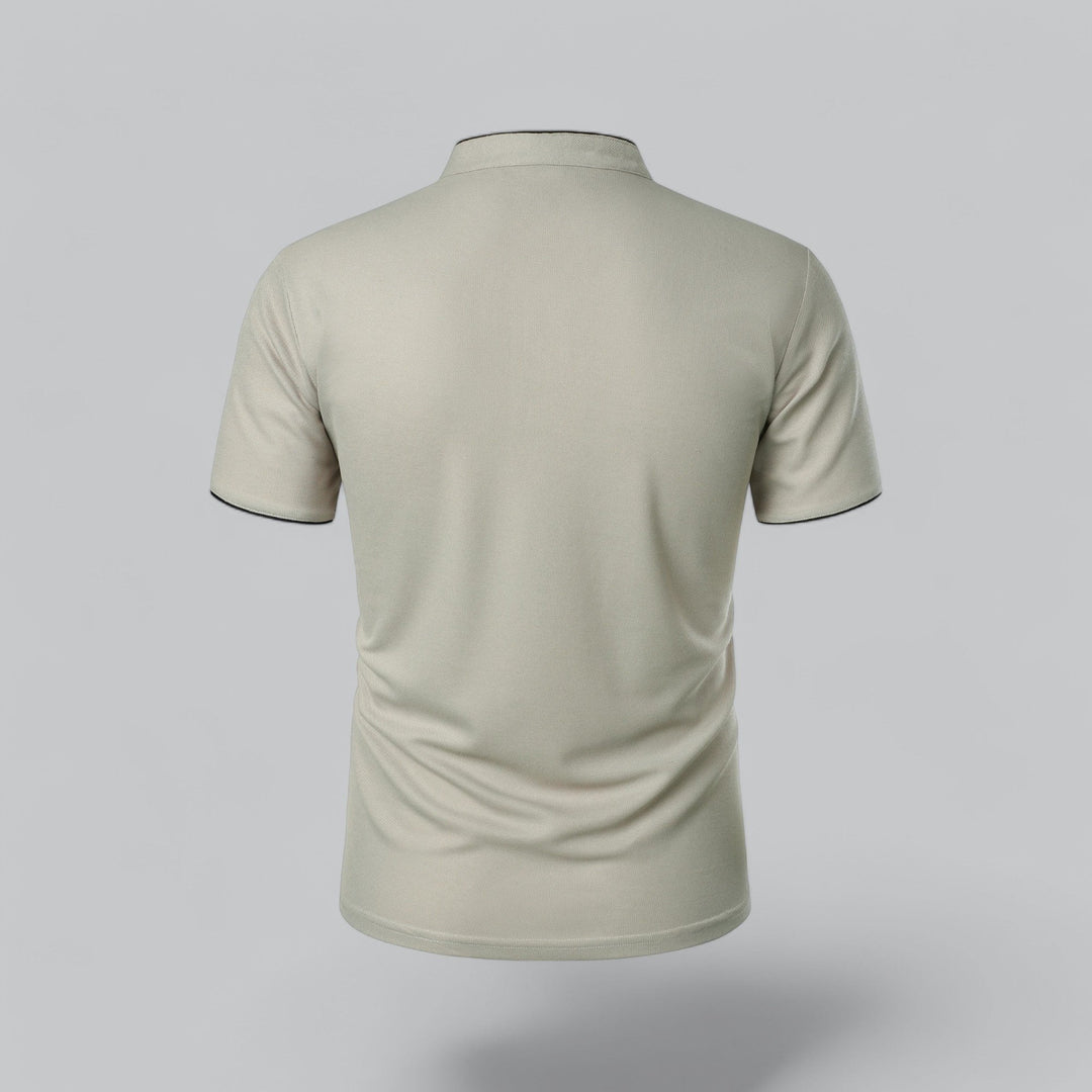 Navy blue men's mandarin collar polo top, relaxed fit, modern casual everyday fashion.