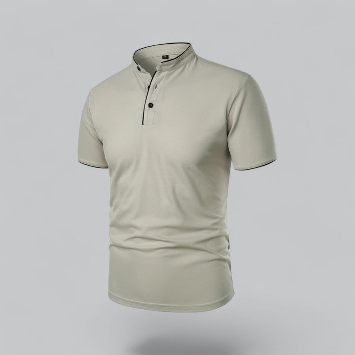 Men's button-up collarless polo, mandarin style, short sleeve, versatile casual top for men.