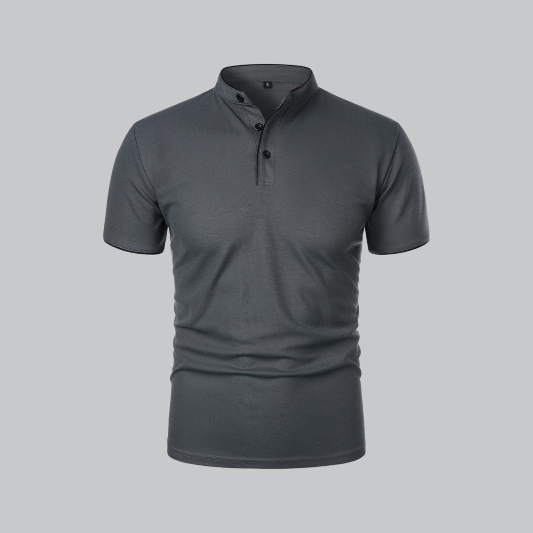 Modern style men's collarless polo top, mandarin collar, short sleeve, comfortable relaxed fit.