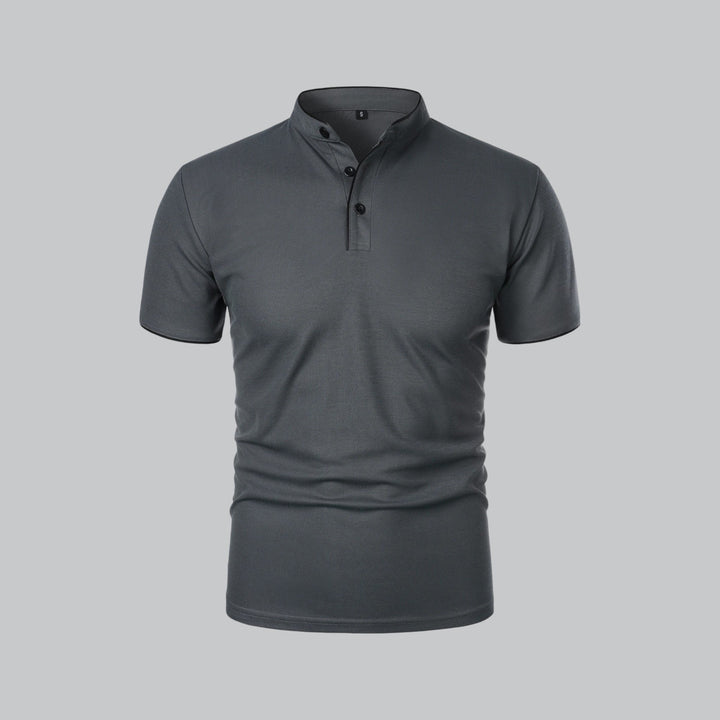 Modern style men's collarless polo top, mandarin collar, short sleeve, comfortable relaxed fit.