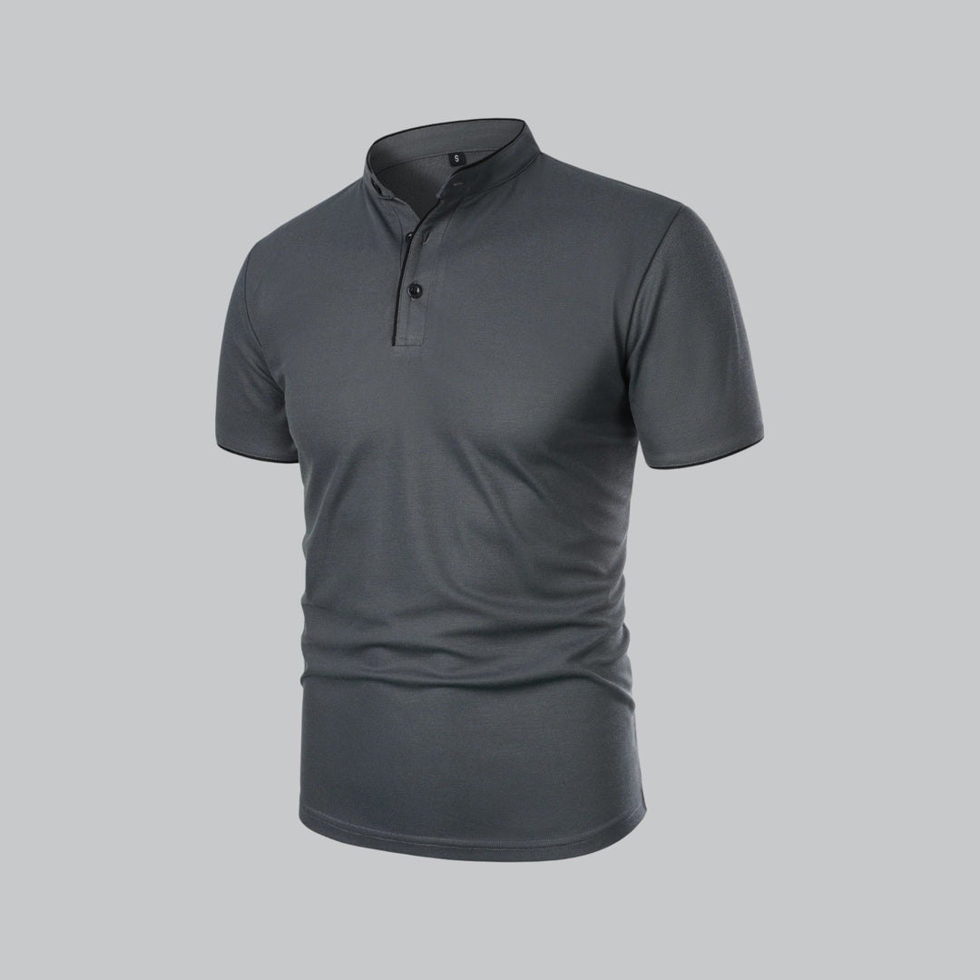 Everyday wear men's short sleeve polo top, collarless mandarin style, relaxed casual, navy blue.
