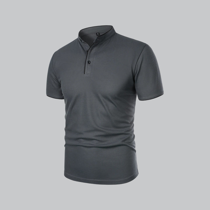 Everyday wear men's short sleeve polo top, collarless mandarin style, relaxed casual, navy blue.