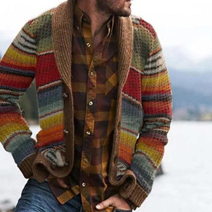 Men's modern open-front striped knit cardigan. Relaxed fit, casual wear, perfect for autumn layering.