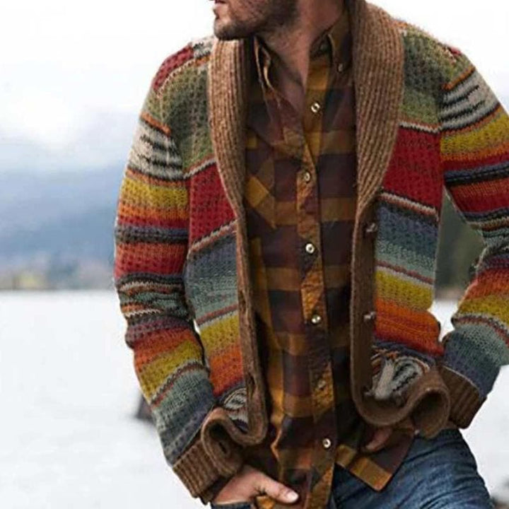 Yellow men's striped knit cardigan, open-front design. Versatile casual wear & layering piece for mens fashion.