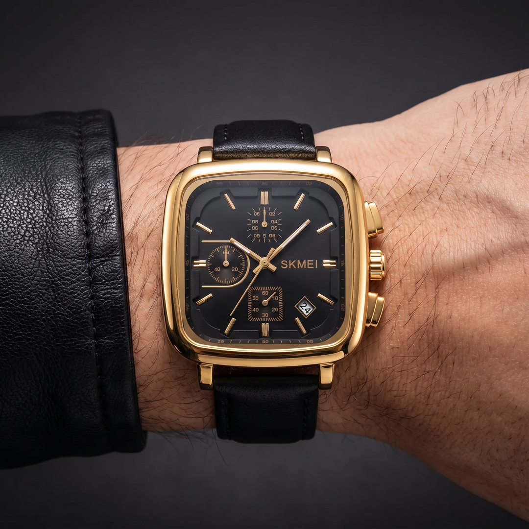 Men's modern square dial quartz watch with minimalist design. Water resistant, perfect for daily wear.