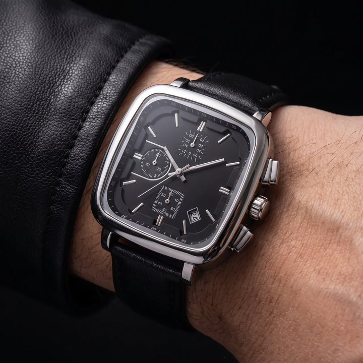 Elegant gold men's modern square dial quartz watch. Zinc alloy casing, water resistant, sleek minimalist style.