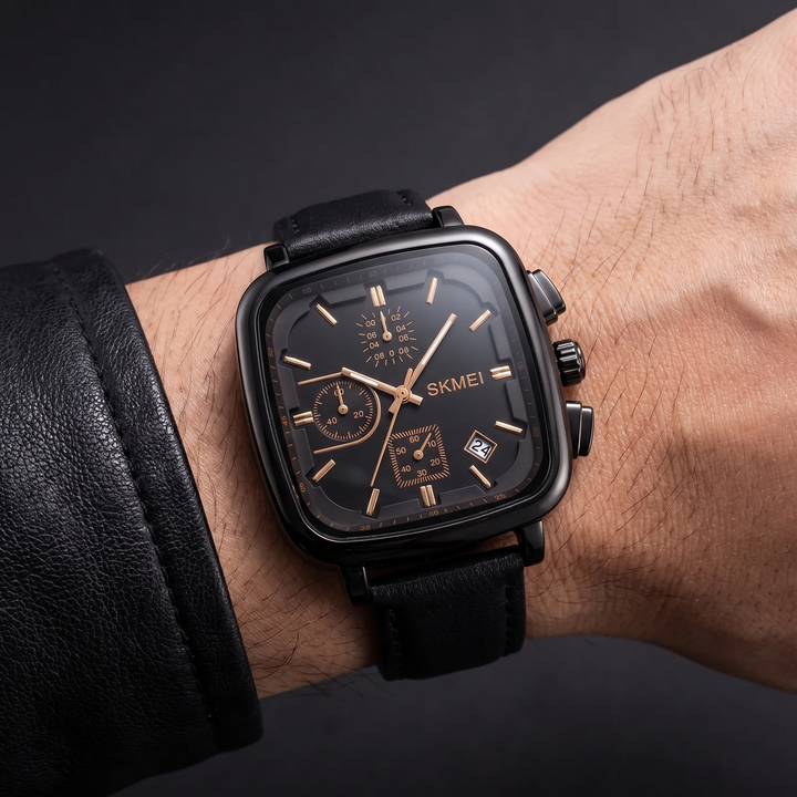 Silver men's minimalist square dial quartz watch. Durable zinc alloy, water resistant, ideal for daily wear.