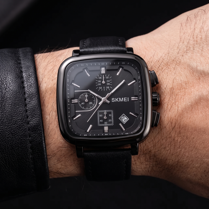 Stylish black modern square dial men's quartz watch. Water resistant, sleek design, perfect for daily fashion.