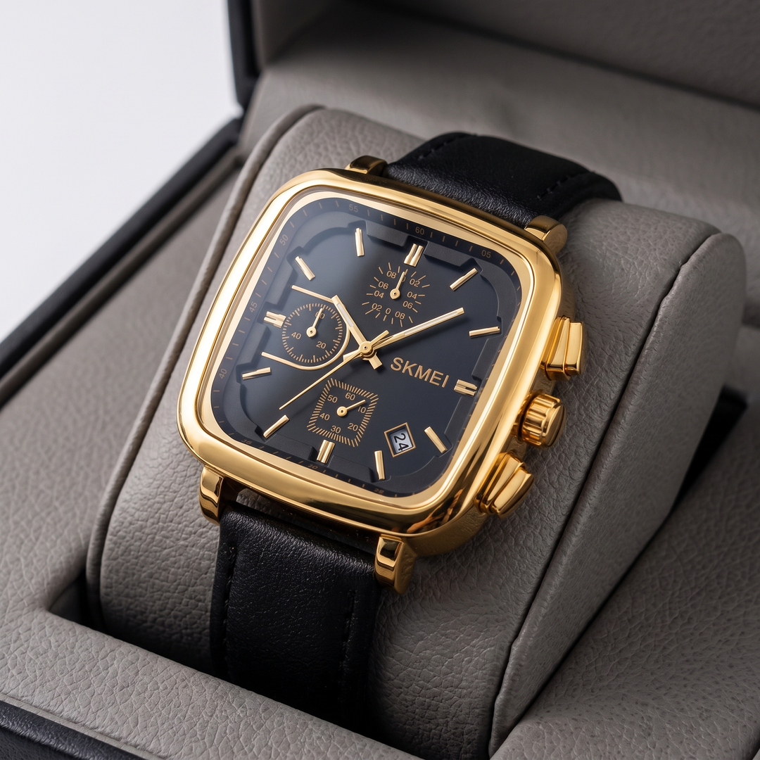 Men's modern square dial quartz watch on a wrist. Minimalist design, water resistant, sophisticated daily wear.