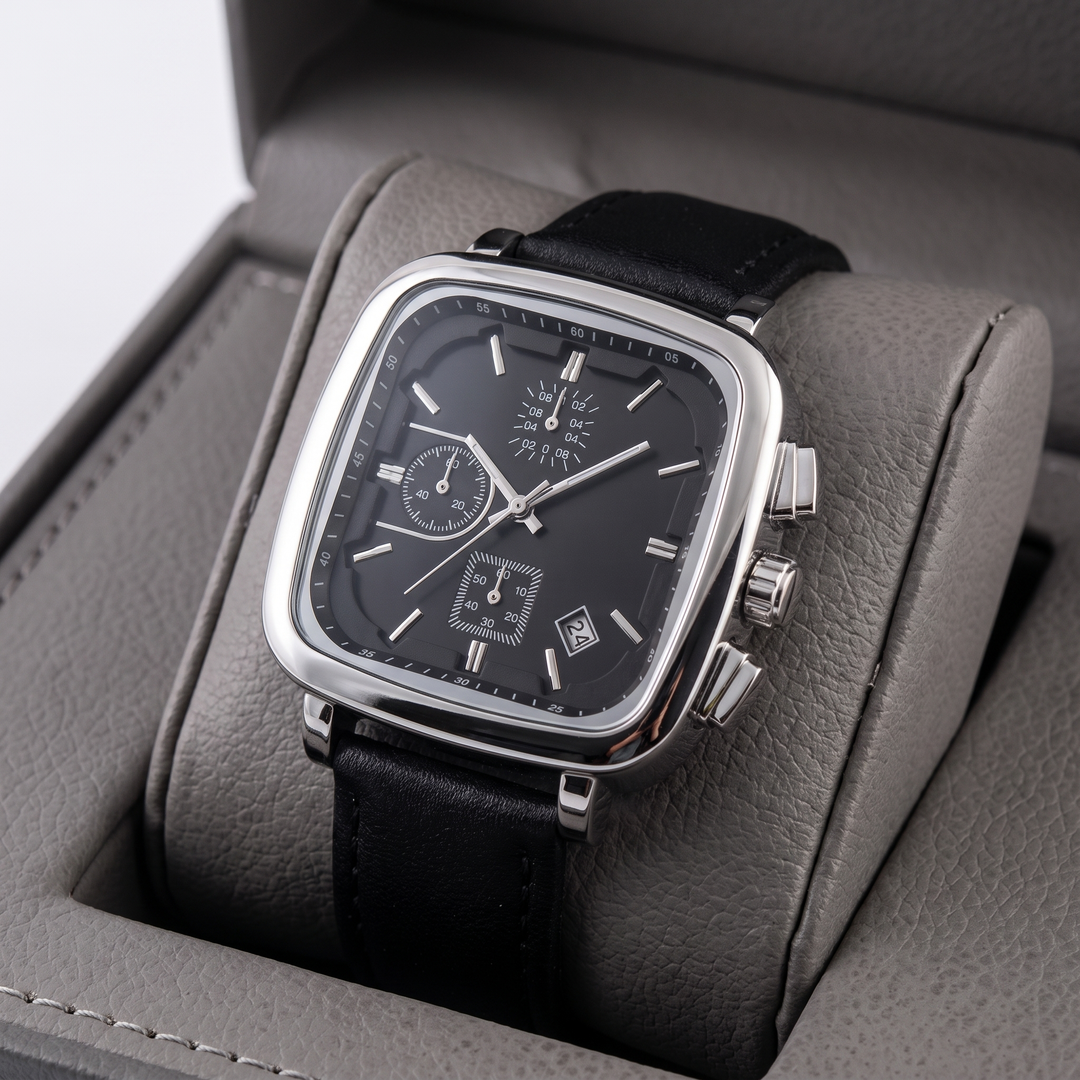 Close-up of men's square dial quartz watch. Modern, precise timepiece, water resistant, daily fashion accessory.
