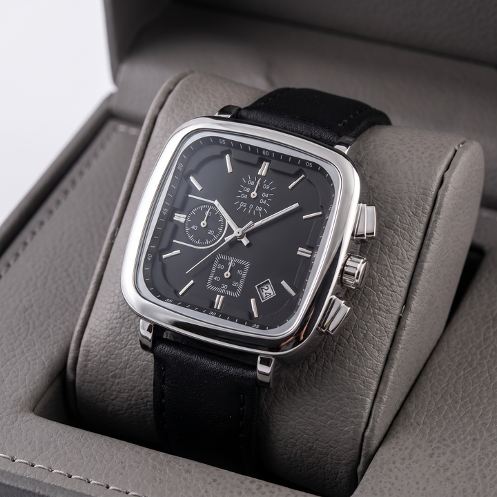 Close-up of men's square dial quartz watch. Modern, precise timepiece, water resistant, daily fashion accessory.