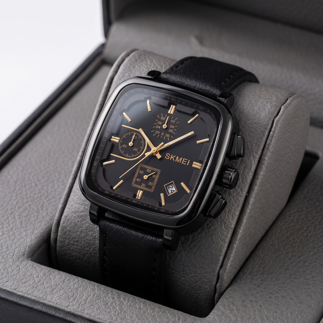 Zinc alloy men's modern square dial quartz watch. Minimalist design, water resistant, sleek & durable timepiece.