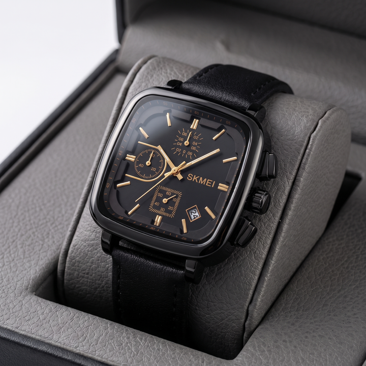 Zinc alloy men's modern square dial quartz watch. Minimalist design, water resistant, sleek & durable timepiece.