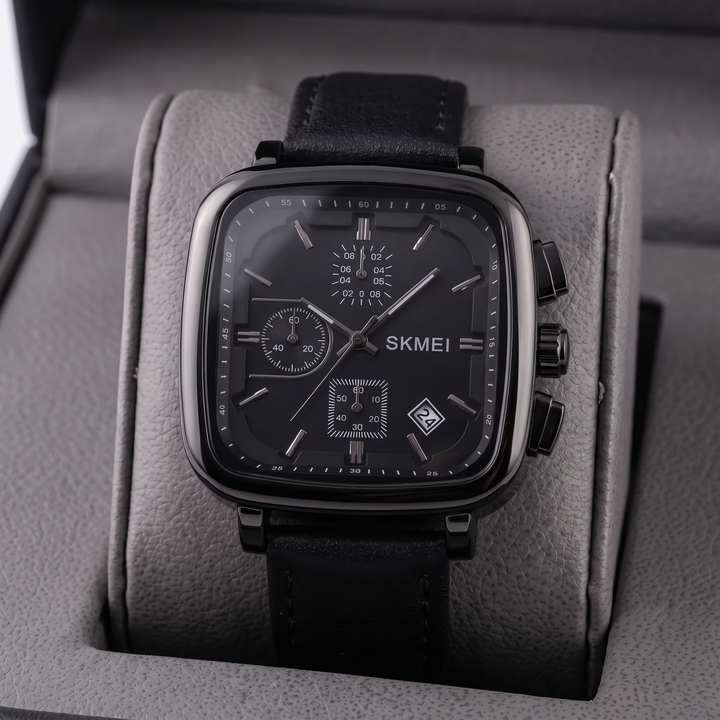 Men's square dial quartz watch, modern style for daily wear. Water resistant, minimalist design, comfortable fit.