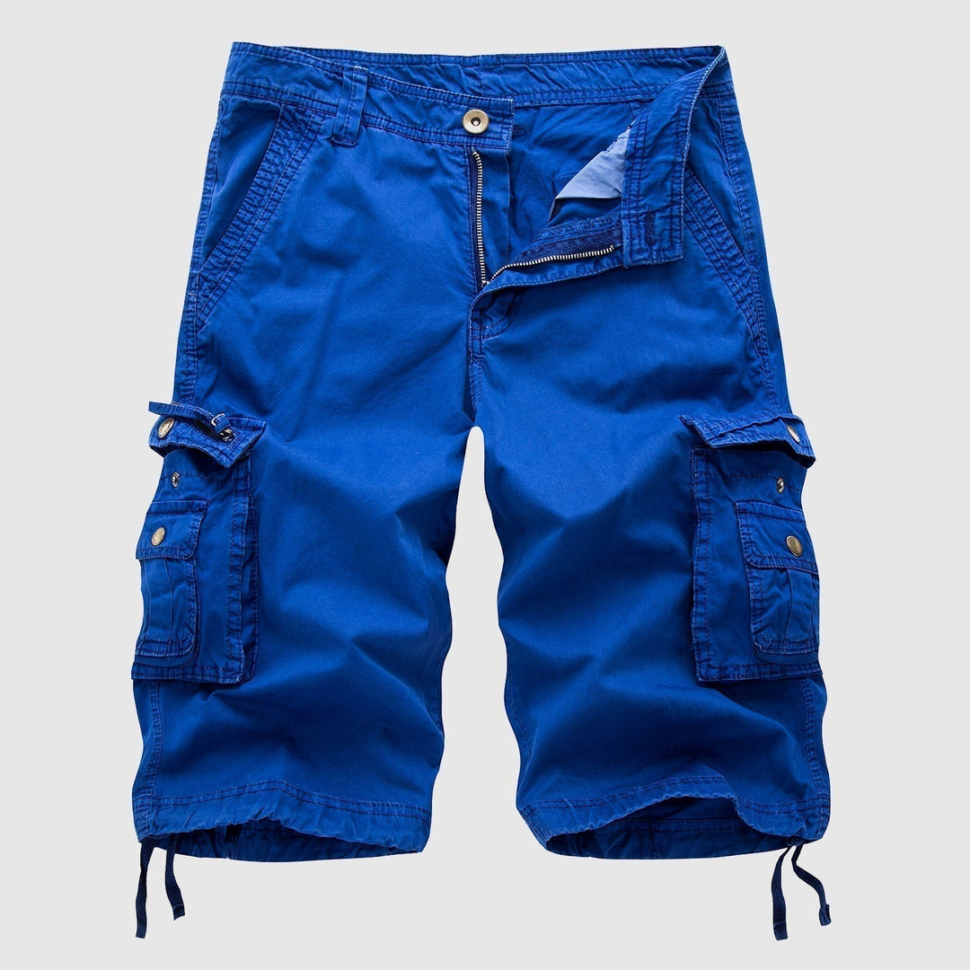Close-up of men's multi-pocket cargo shorts, showcasing durable fabric and adjustable waist detail.