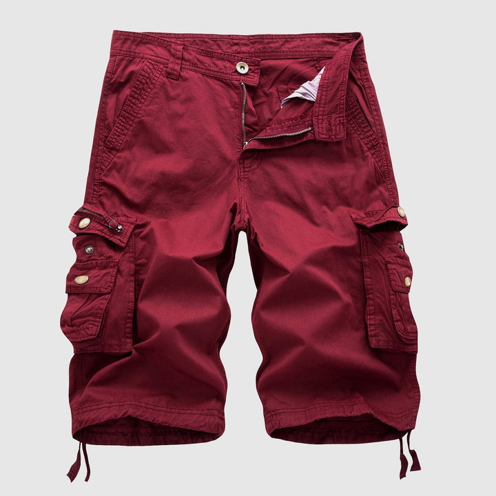 Practical men's summer cargo shorts with an adjustable waist, knee-length cut, and ample storage.