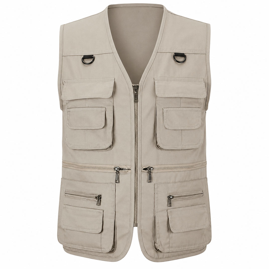 Men's multi-pocket hiking vest, quick-dry fabric for outdoor adventures & utility.