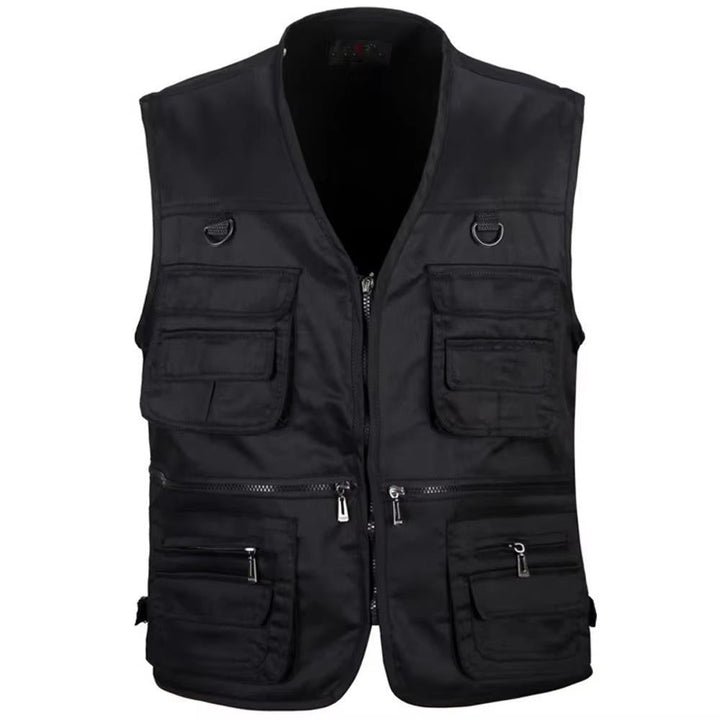 Men's multi-pocket vest for hiking, fishing, and travel; quick-dry adventure wear.