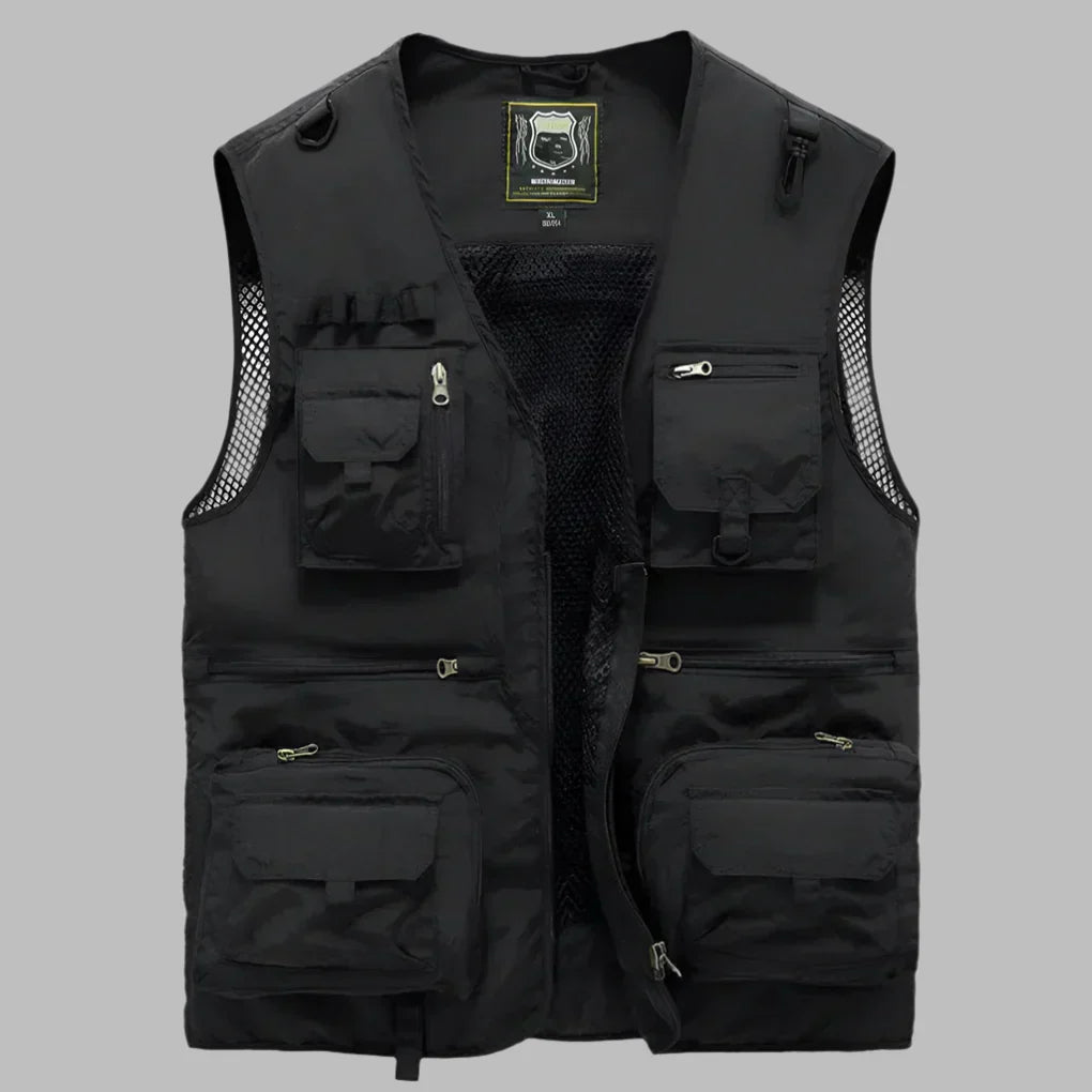 Men's practical multi-pocket fishing vest in khaki, ideal for tackle storage & outdoor adventures. Utility cargo vest.