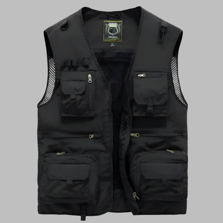 Men's practical multi-pocket fishing vest in khaki, ideal for tackle storage & outdoor adventures. Utility cargo vest.