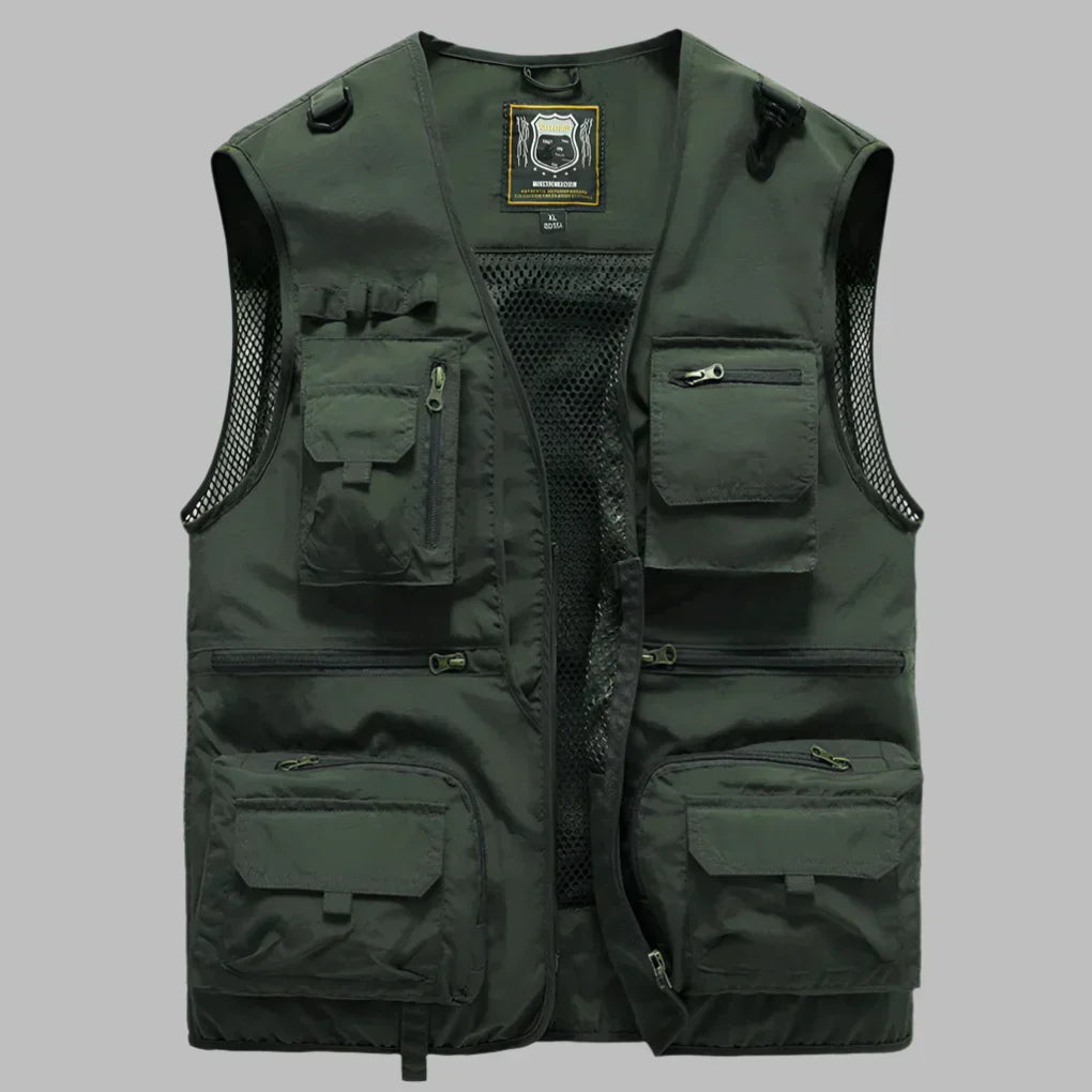 Men's versatile travel vest with numerous pockets for essentials. Casual outerwear, great for layering & outdoor adventures.