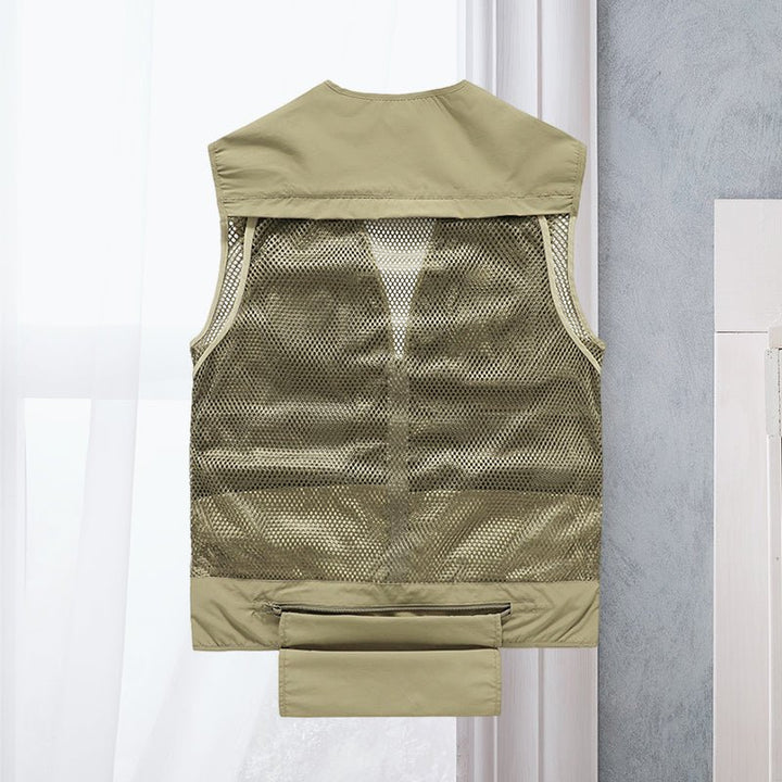 Durable men's multi-pocket fishing vest, ideal for hiking, camping & outdoor adventures.