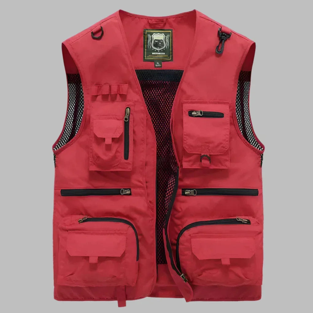 Men's multi-pocket utility vest in khaki, ideal for outdoor activities, fishing, travel, or photography.