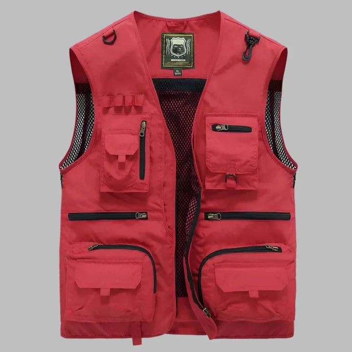 Men's multi-pocket utility vest in khaki, ideal for outdoor activities, fishing, travel, or photography.
