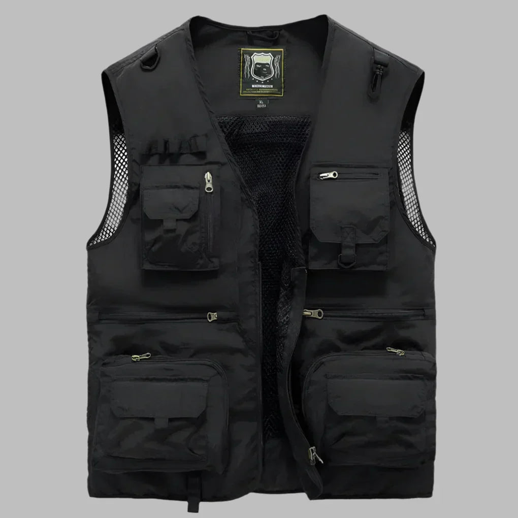 Sleeveless men's fishing vest with multiple pockets for tackle, bait, and gear. Durable outdoor hiking apparel.