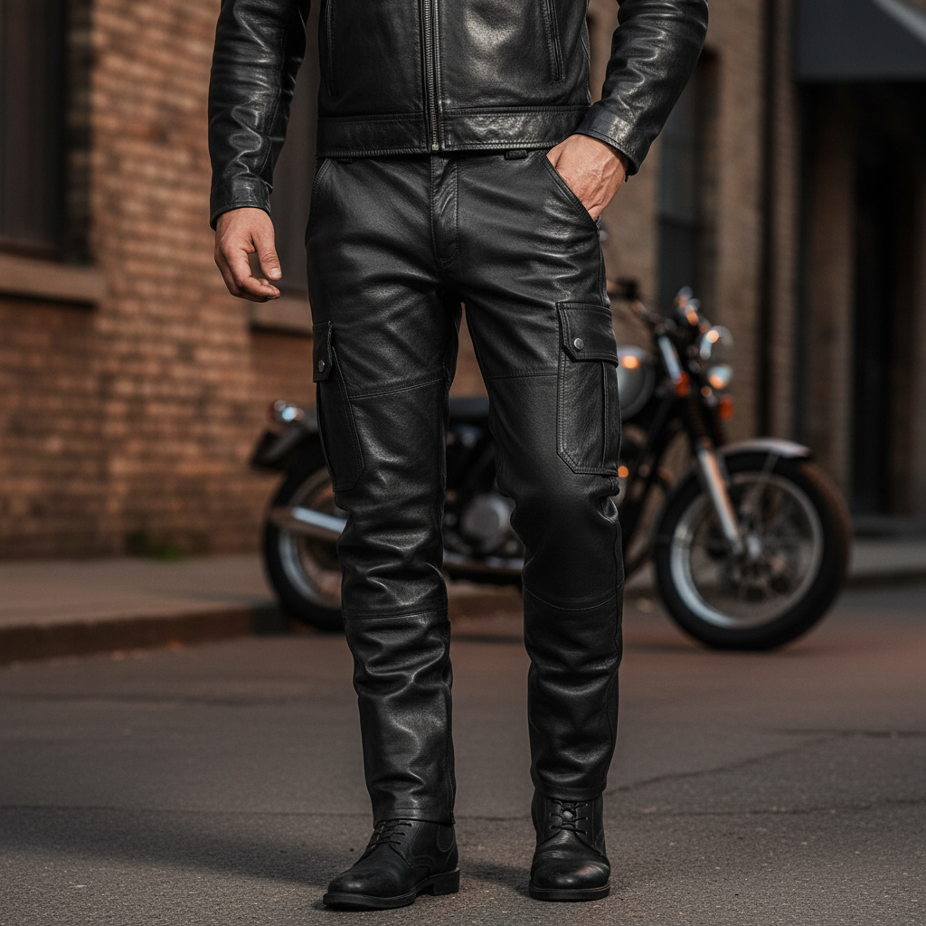 Men's narrow fit motorcycle leather trousers "Daryl" for urban biker fashion.