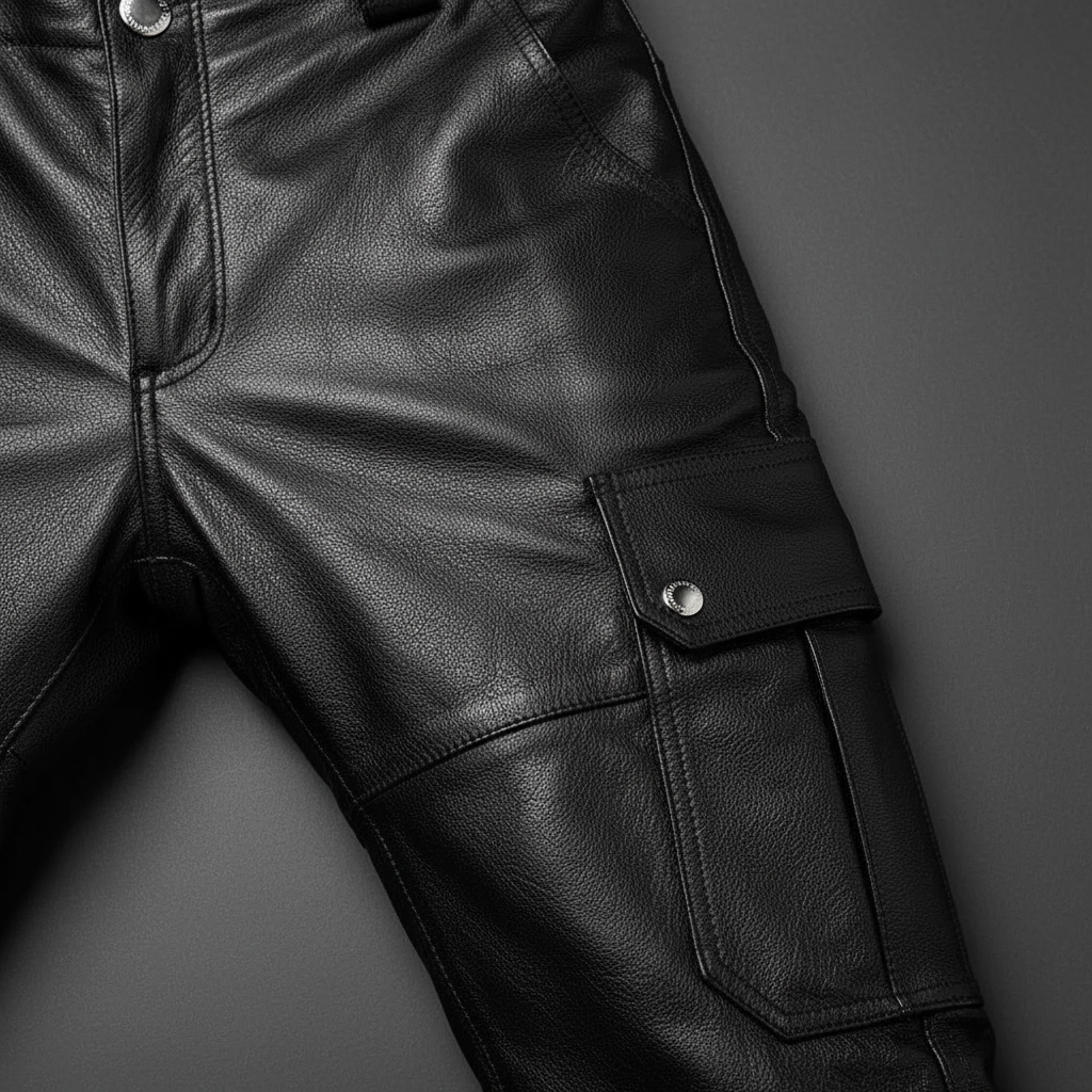Stylish men's leather biker trousers, narrow "Daryl" design, perfect for urban motorcycle riding.