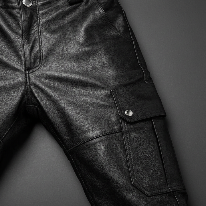 Stylish men's leather biker trousers, narrow "Daryl" design, perfect for urban motorcycle riding.