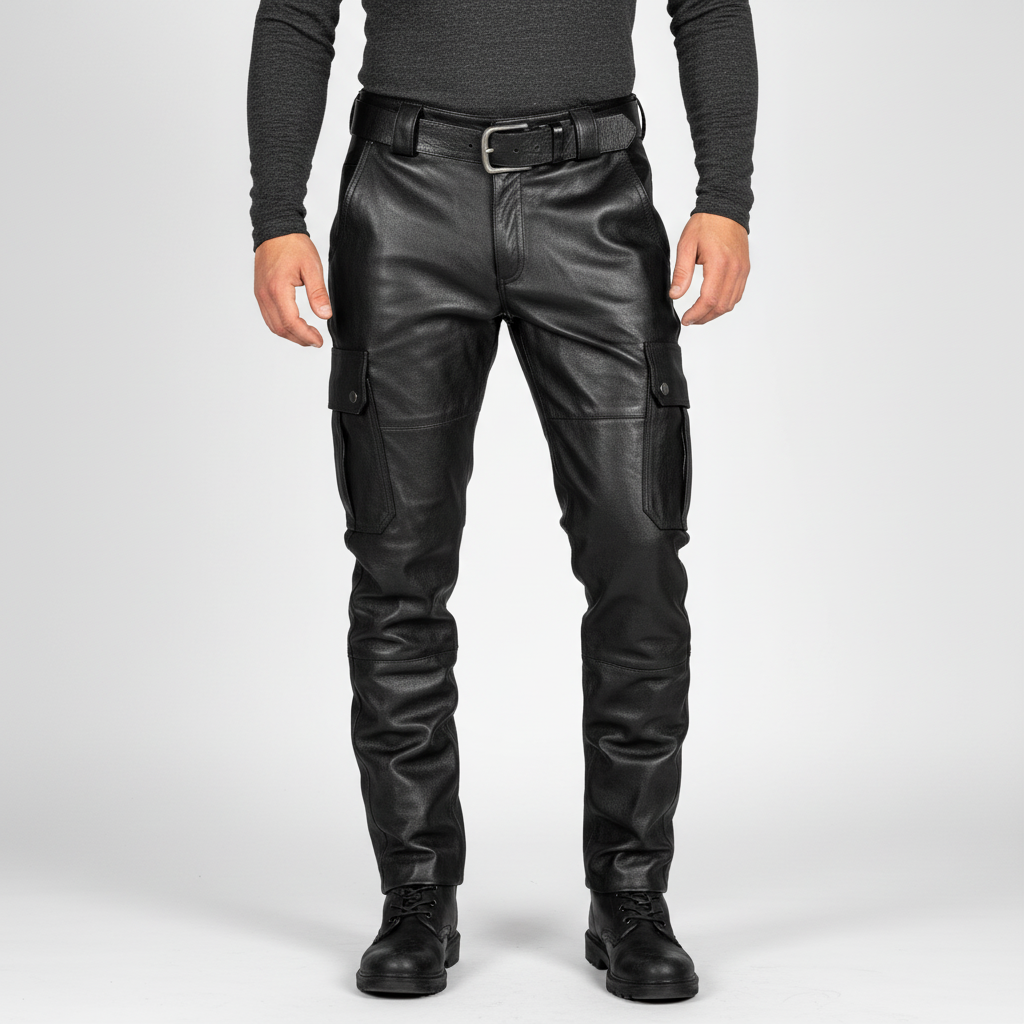 Comfortable men's slim fit motorcycle trousers, "Daryl" leather pants for a modern biker look.