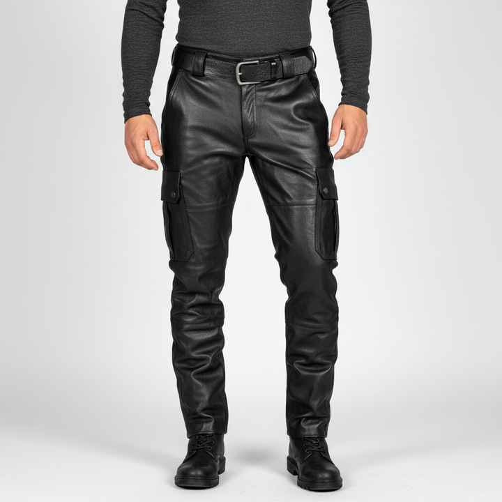 Comfortable men's slim fit motorcycle trousers, "Daryl" leather pants for a modern biker look.