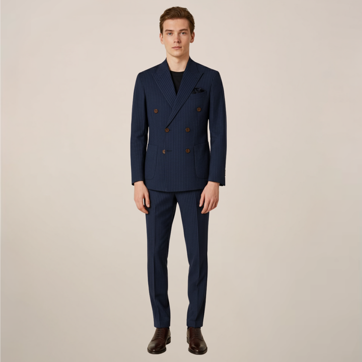 Men's navy blue pinstripe suit, perfect formal attire for business meetings, conferences, and evening events.